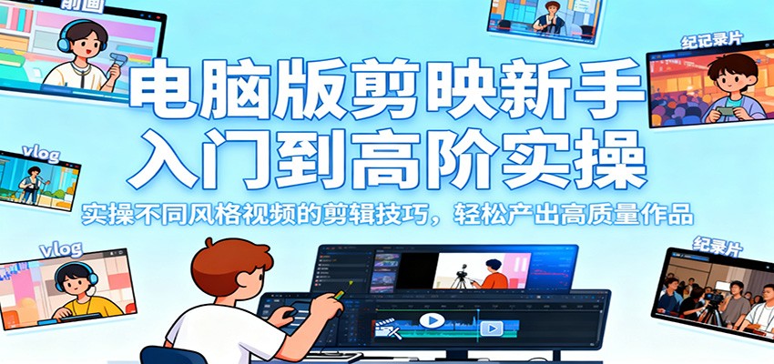 电脑版剪映新手入门到高阶实操，实操不同风格视频的剪辑技巧，轻松产出高质量作品-红豆科技-抖佳互动