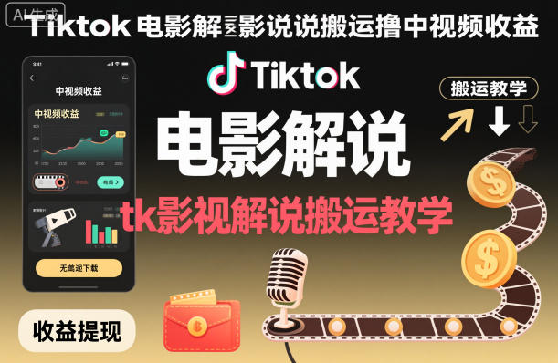 Tiktok电影解说搬运撸中视频收益,tk影视解说搬运教学-红豆科技-抖佳互动
