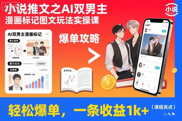 小说推文之AI双男主漫画标记图文玩法实操课,轻松爆单,一条收益1k+-红豆科技-抖佳互动