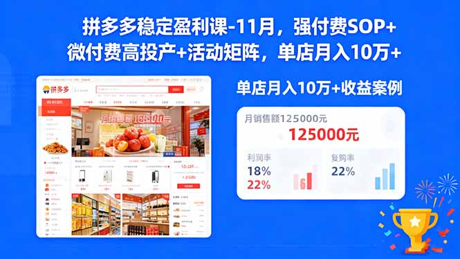 拼多多稳定盈利课-11月，强付费SOP+微付费高投产+活动矩阵，单店月入10w+-红豆科技-抖佳互动