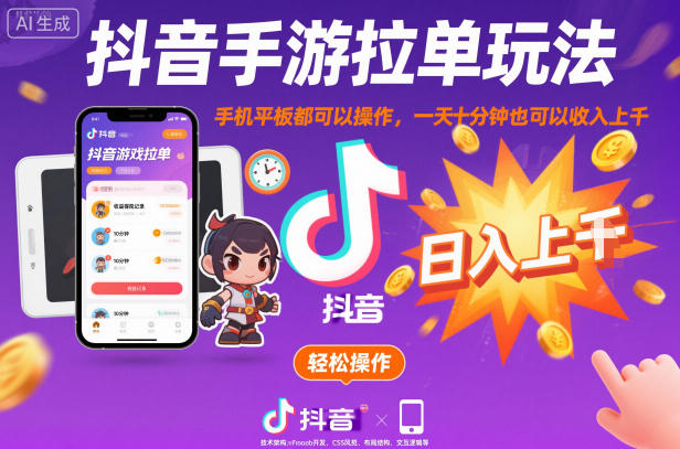 抖音手游拉单玩法,手机平板都可以操作,一天十分钟也可以收入上K【揭秘】-红豆科技-抖佳互动