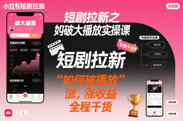 短剧拉新之小红书如何破大播放实操课,如何破播放,涨收益,全程干货-红豆科技-抖佳互动